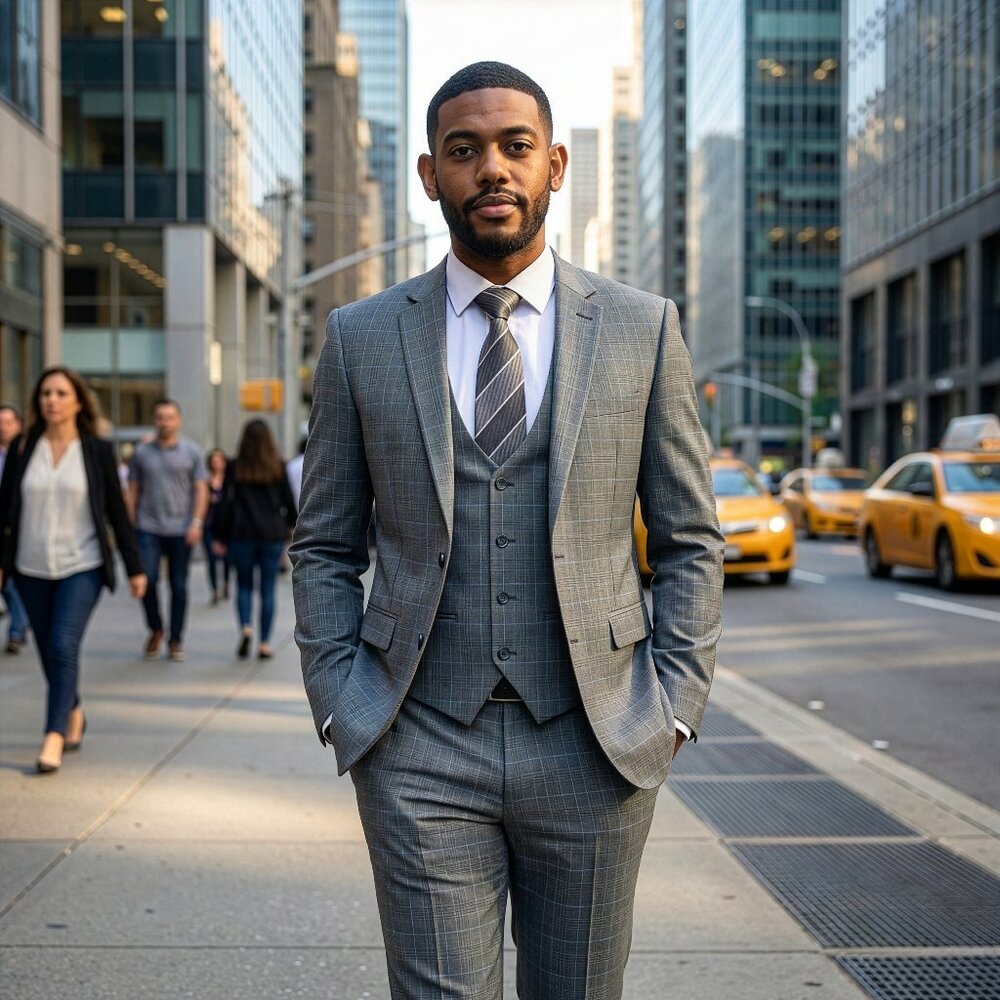 New 2026 Mens 3pc Plaid Windowpane Grey Suit Set, Hybrid Fit (H2)